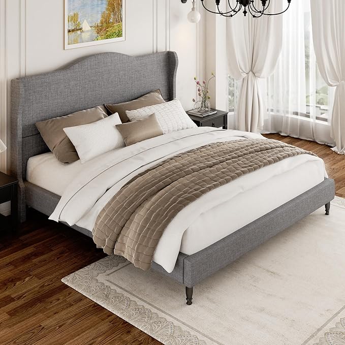 King Size Bed Frame, Upholstered Platform Bed with Tall Arched Wingback Headboard, Sturdy Wooden Slat Support, Easy Assembly, No Box Spring Required, Soft Fabric Bed for Bedroom, Light Grey
