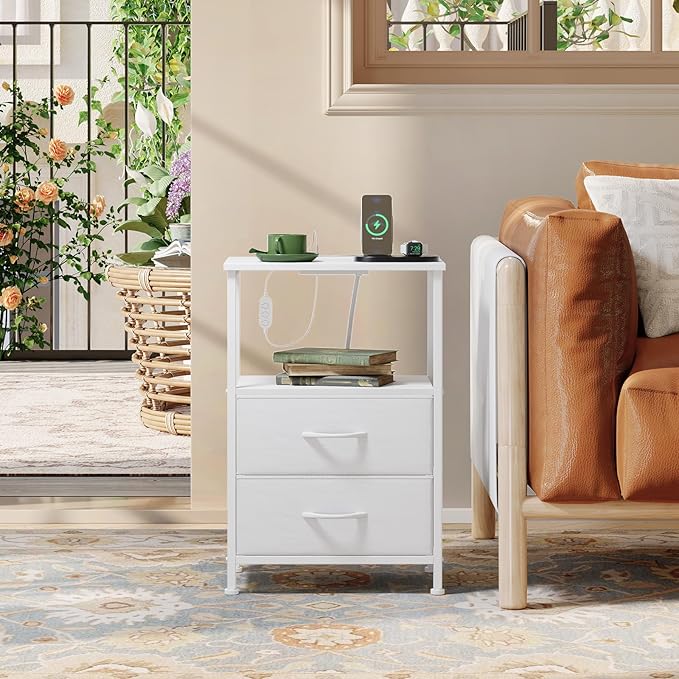 Somdot Nightstands Set of 2,End Tables with Charging Station and LED Lights,Night Stand with 2 Fabric Drawers, End Table with Open Shelf, Small Nightstand for Bedroom, White Leather