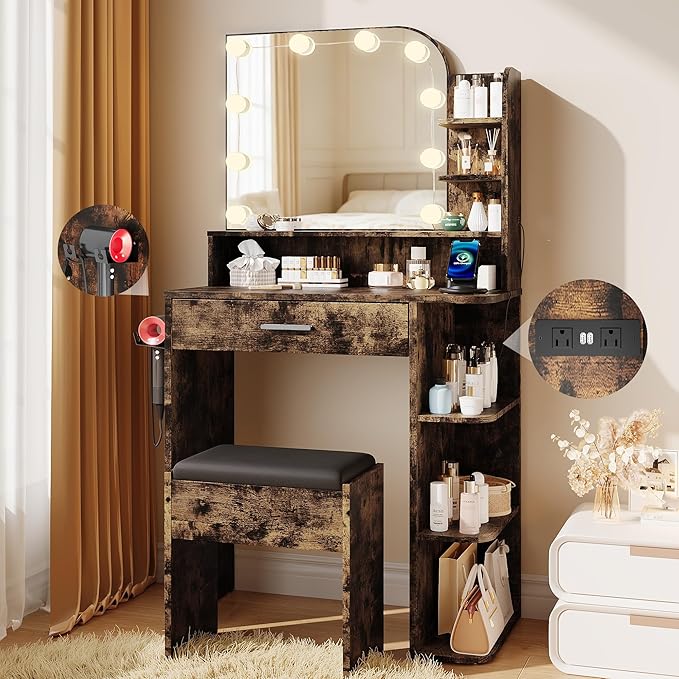 wanan Makeup Vanity with Chair, Small Vanity Desk with Mirror and Lights 3 Colors, Girls Vanity Set with Power Outlet, Compact Vanity Table for Small Space, Vintage Brown