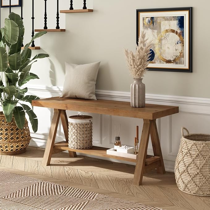 RowyPoey Solid Wood Bench, 39" Farmhouse Entryway Bench with Storage Shelf, Triangular Leg Design, Narrow Rustic Benches for Hallway, Bedroom, Dining, Kitchen, Easy Assembly