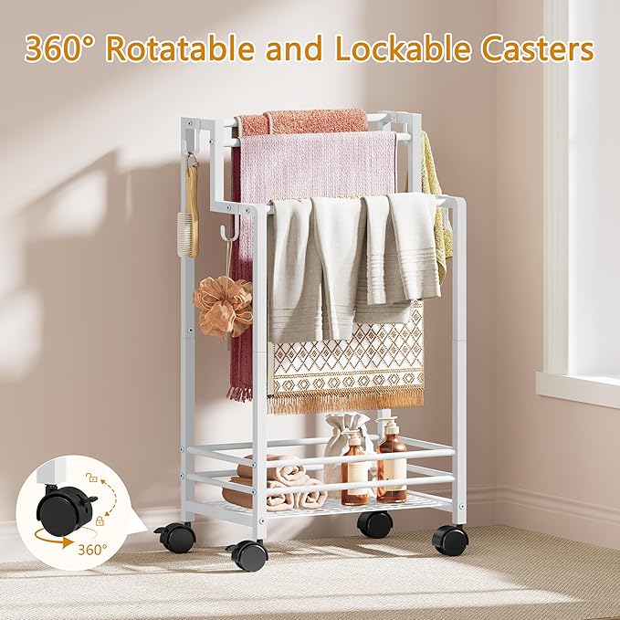 Gewudraw Free Standing Towel Rack, Pool Towel Rack, 4-Tier Blanket Stand with Shelf, Bathroom Towel Drying Rack with 4 Hooks, Rust-Resistant Drying Rack Indoor/Outdoor, White
