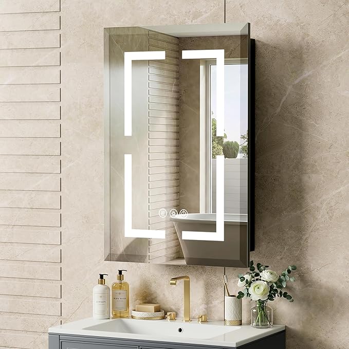 16"X24" Bathroom Medicine Cabinet with Mirror, LED Lighted Medicine Cabinet with Anti-Fog, 3 Colors Temperature Stepless Dimmable, Metal Cabinet for Storage and Mordern Decor, Black
