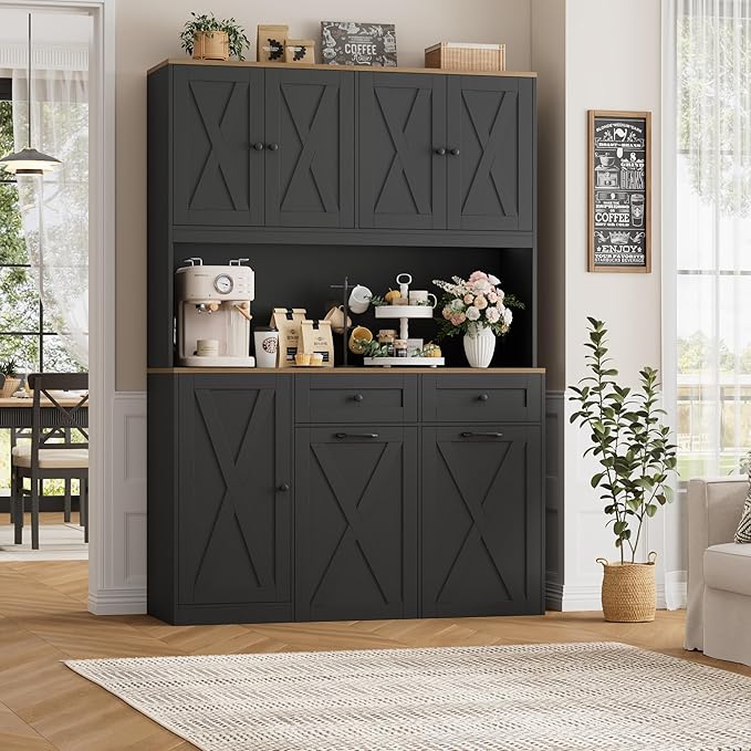HOSTACK 71" H Kitchen Trash Can Hutch Cabinet, 12.5 Gallon Double Pull Out Garbage Can Hutch Cabinet with Trash Bin Storage Holders, 47" Wide Kitchen Pantry with Hidden Garbage Storage, Black
