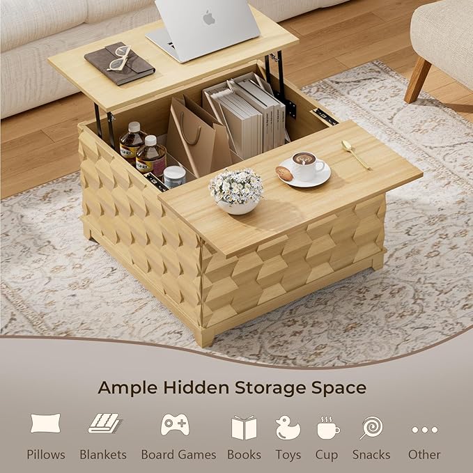 BROTTAR Lift Top Coffee Table, 31.5'' Square Coffee Table with with Storage, Farmhouse Coffee Tables with Hidden Storage, Center Table with Embossed Texture for Living Room, Home Office, Natural