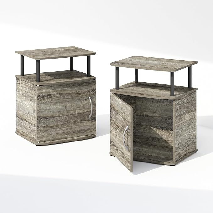 Furinno TIDUR Night Stand Set of 2, Nightstand with Open Shelf and Door Cabinet, Round Corner Bedside Table, End Table, Side Table, for Bedroom, Closet, Dorm, French Oak