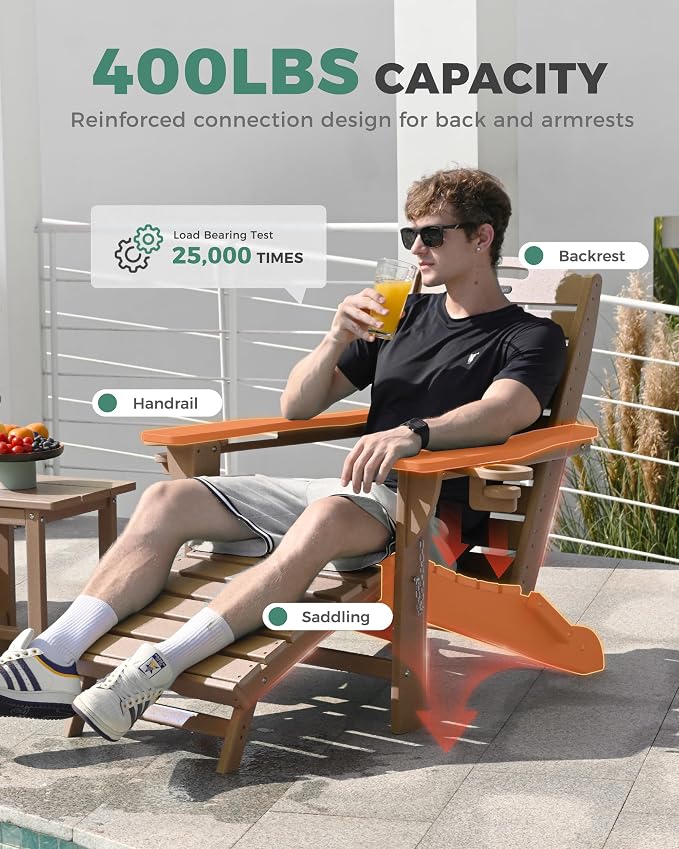 Adjustable Adirondack Chairs Set of 2 with Retractable Ottoman, HDPE Folding Adirondack Chair with Cup Holders, Weather Resistant for Backyard, Poolside & Fire Pit (Teak)