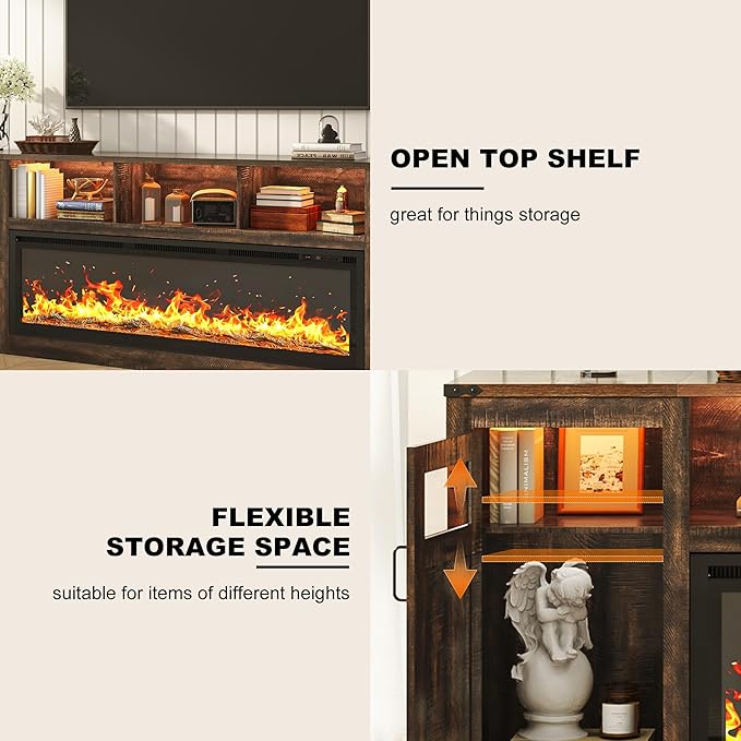 Fireplace TV Stand for 100 Inch TV, 95" Farmhouse Entertainment Center with 60" Electric Fireplace & LED Lights, Large Media Console for Living Room, Rustic Barn Doors, Power Outlets, Rustic Brown