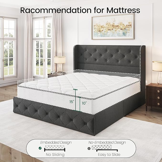 LARMACE Full Size Bed Frame with 4 Storage Drawers and 47.2" Tall Wingback Headboard Linen Upholstered Platform Bed Frame Tufted Beds with Wooden Slats Support, Easy Assembly, Dark Grey