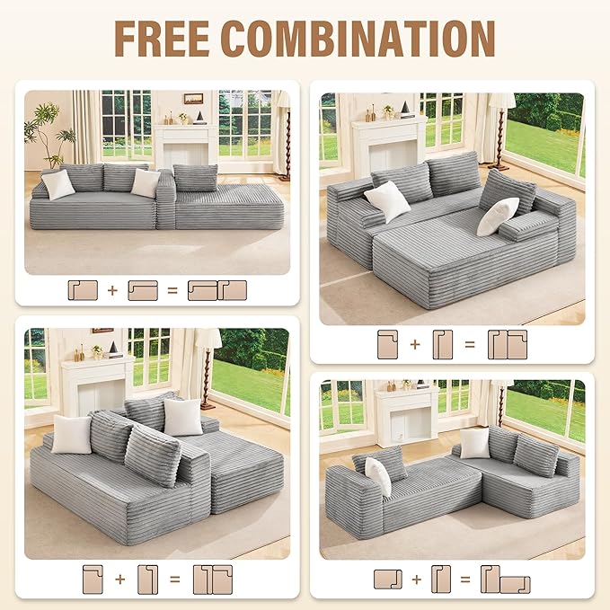 Hobestluk Modular Sectional Sofa Boneless Couch L-Shape Couch 3 Seat Modular Couch Memory Foam Sectional Couches for Living Room Furniture, Cloud Couch with Chaise Lounge (96" Right Facing Chaise)