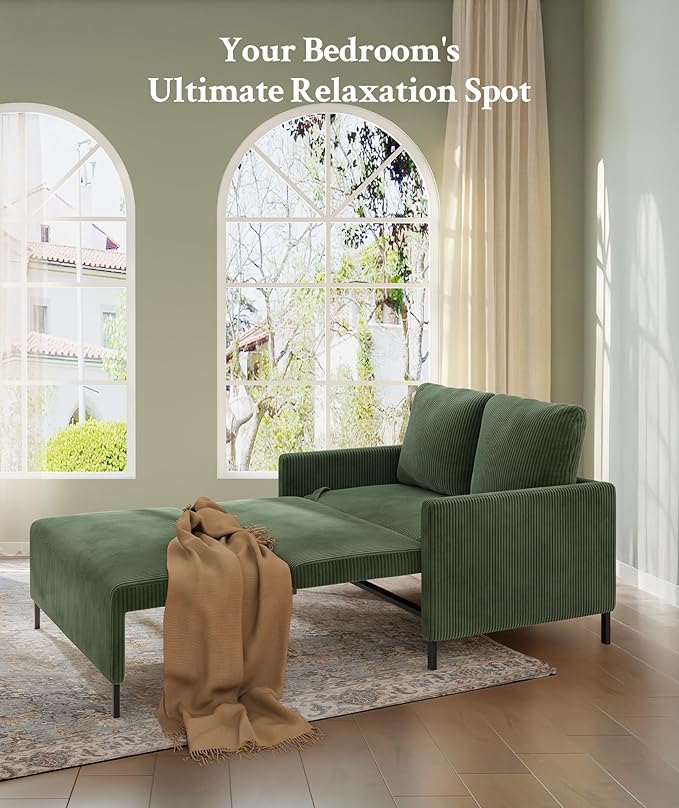 Welzona 47.2" Convertible Sofa Bed Couch, Comfy Corduroy Loveseat Sleeper Sofa, 620lbs Capacity Couch Bed, Easy Setup Love Seat Sleeper Bed with 2 Pillow, Small Couches for Living Room/Office, Green