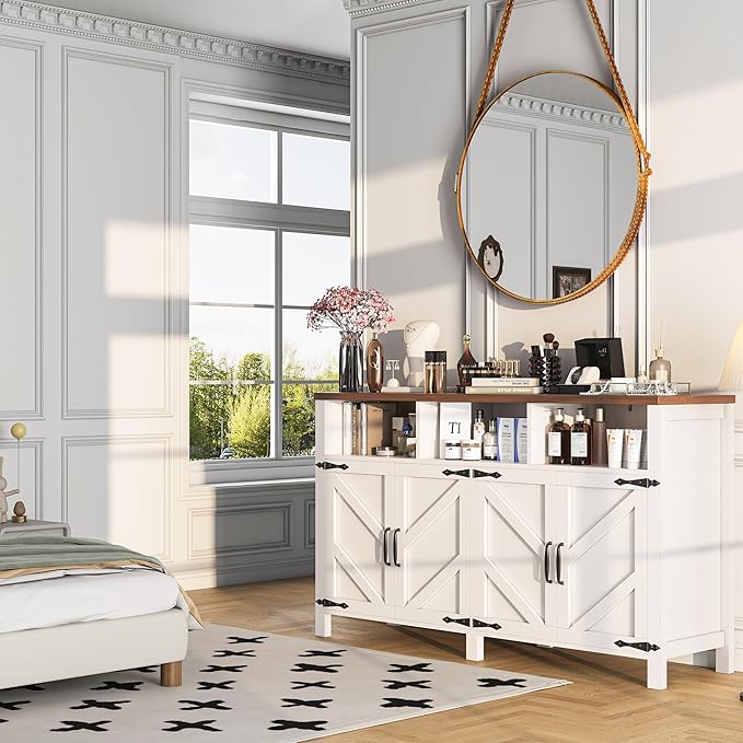 knoworld Buffet Sideboard with Storage Farmhouse with 4 Doors, 55'' Large Kitchen Storage Cabinet Wood Coffee Bar Cabinet Buffet Table with Shelves for Kitchen, Dining Room, Entryway