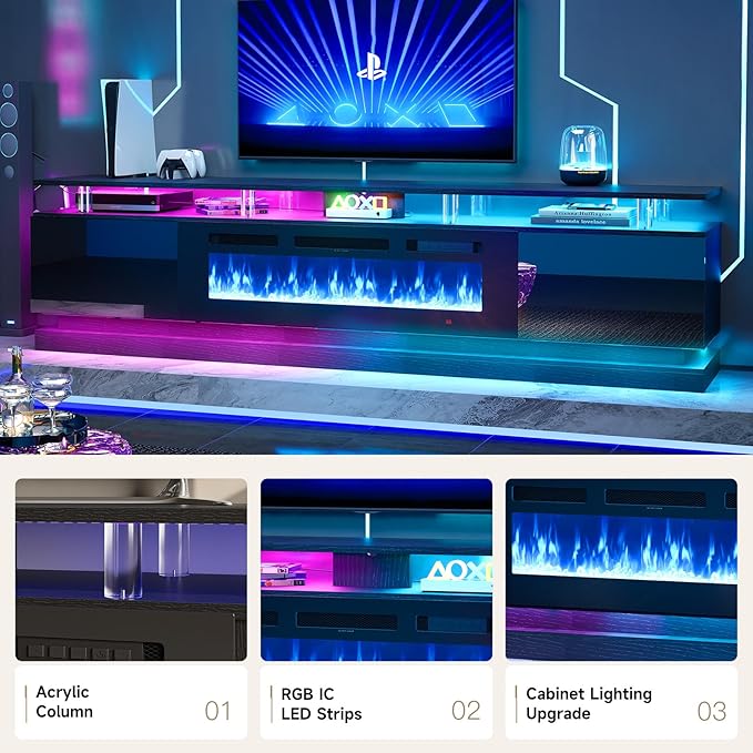 80 Inch Fireplace TV Stand, Modern Entertainment Center for TVs Up to 90", TV Console with Storage Cabinets, Media Console for Living Room, 80IN Black TV Stand and 36IN Black Fireplace