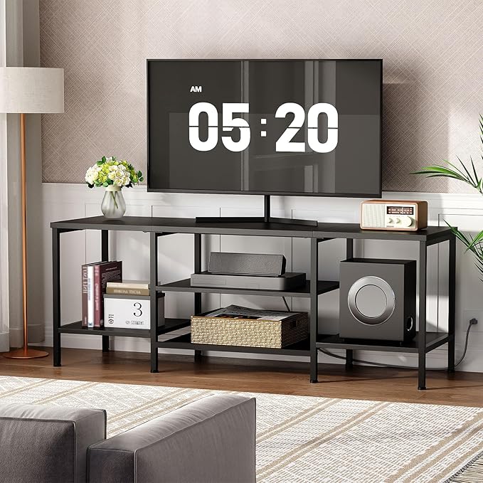 HOOBRO TV Stand with Power Outlets to 65 Inches, TV Console Table with Open Storage Shelves, Industrial Media Entertainment Center for Living Room Bedroom, Black BB40DS01
