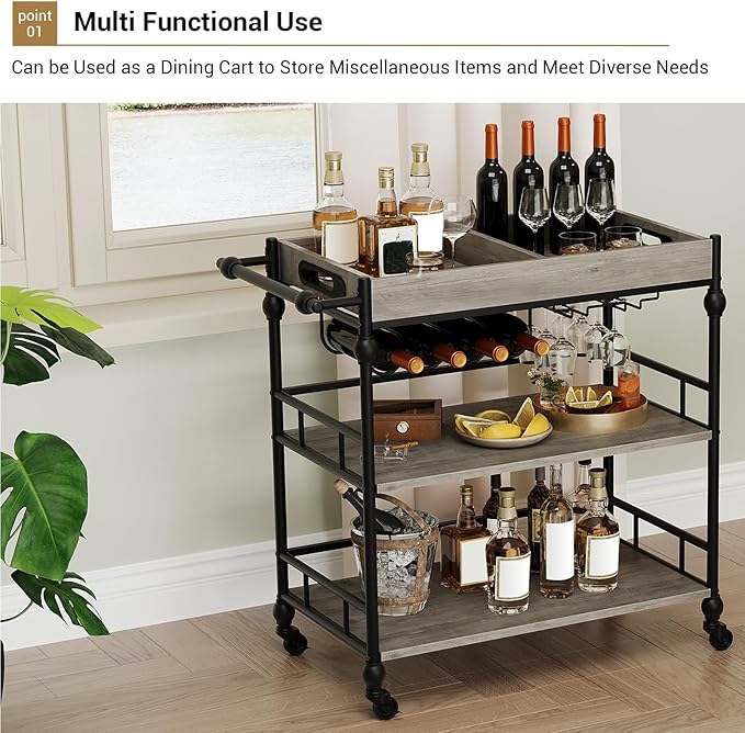 3-Tier Bar Cart with Wheels, Mobile Rolling Beverage Cart with Wine Rack, Glass Holder & Removable Top Tray, Serving Cart, Retro Trolley for Kitchen, Dining Room, Living Room, 35.4" x 15.7" x 34.1"