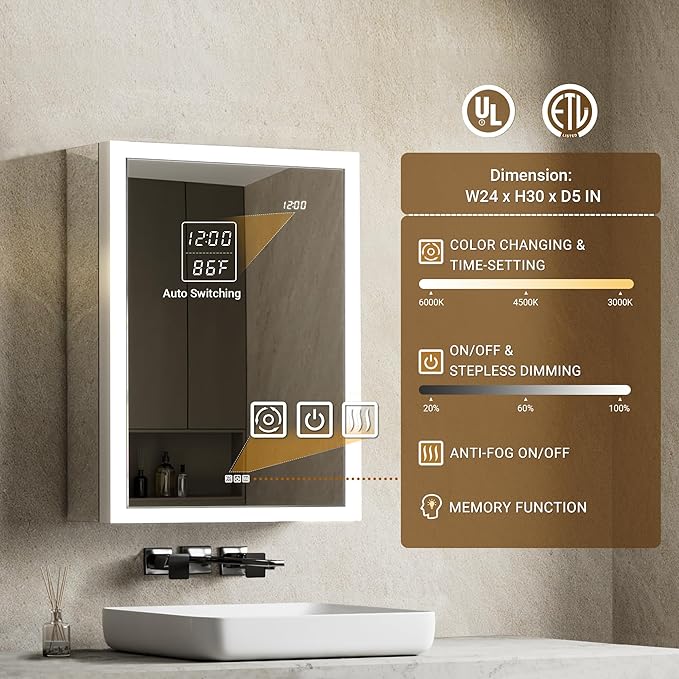 Lighted Medicine Cabinet with Mirror & Clock -24x30 Surface or Recessed Assembly-Free Medicine Cabinet with Dimmable Light Anti-Fog, Built-in Sensing Light & Outlet, Soft-Close Right Hinge