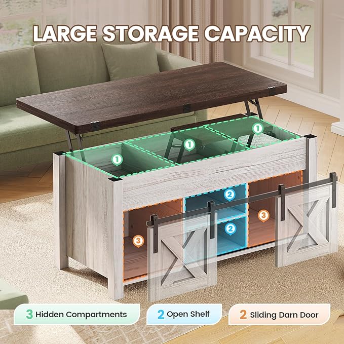 SEDETA Lift Top Coffee Table, 4 in 1 Multi-Function Convertible Coffee Tables with Storage and Hidden Compartment, Farmhouse Coffee Table Converts to Dining Table for Living Room, Vintage White