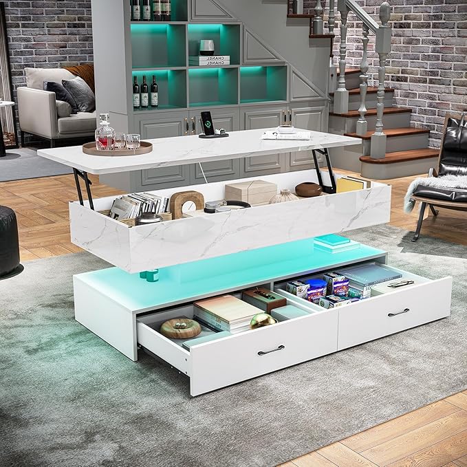 SEDETA 47.2" Lift Top Coffee Table, Coffee Tables with Storage for Living Room, 2 Drawers Coffee Table with Power Outlet & LED Light for Dining Reception Room, High Gloss White Marble
