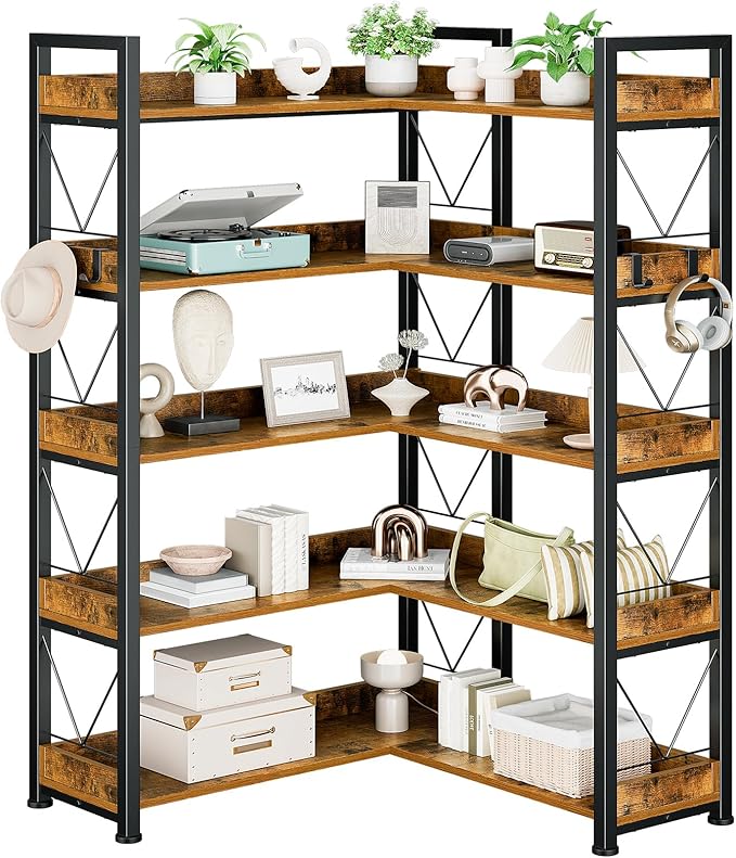 DUMOS 65 inch L Shaped Bookshelf, 5 Tier Corner Bookcase with Hooks and Edge, Industrial Pantry Shelves with Metal Frame, Wooden Open Storage for Living Room, Home Office, Bedroom, Rustic Brown