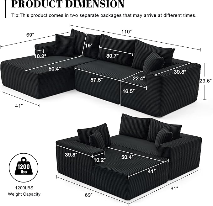 Mangodan 110” Cloud Sectional Couch, Boneless Sofa for Living Room, Modular Sectional Sofa with Deep Seat, Comfy Fluffy Couch with L-Shaped Chaise, No Assembly Required (Left-Facing Chaise, Black)