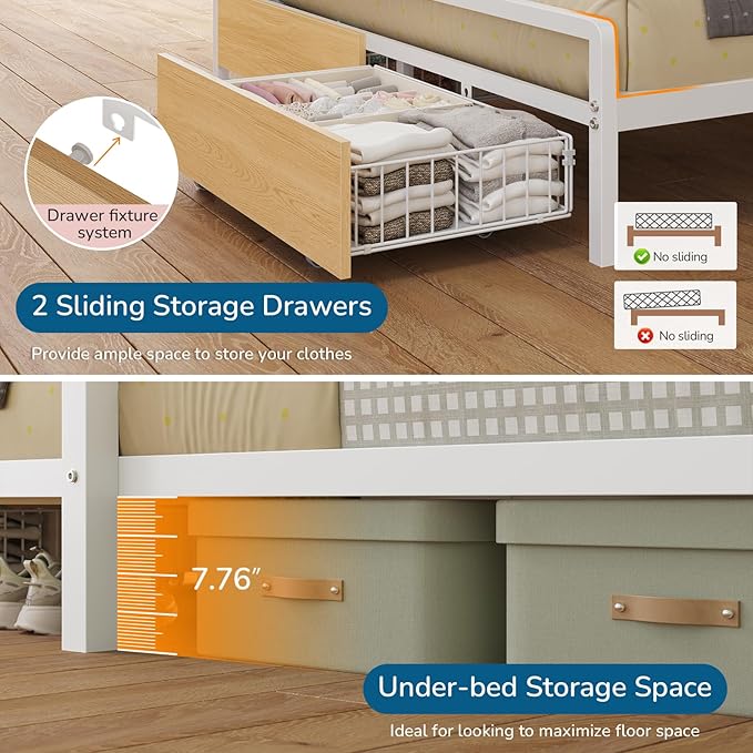 Twin Over Full Size Bunk Bed with 4 Storage Drawers and Bookshelf, Metal Bunk Beds with LED Lights, Charging Station, Loft Bunk Bed with Pegboard, Safety Guardrail and Ladders, for Kids, Teens, Adults