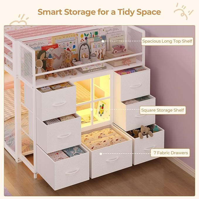 BTHFST Low Bunk Bed Twin Over Twin with 7 Large Fabric Drawers & Bookshelf, Metal Bunk Bed with RGB LED Lights & Slanted Ladder & Safety Guardrail, Kids Low Loft Bed Twin for Small Space, White