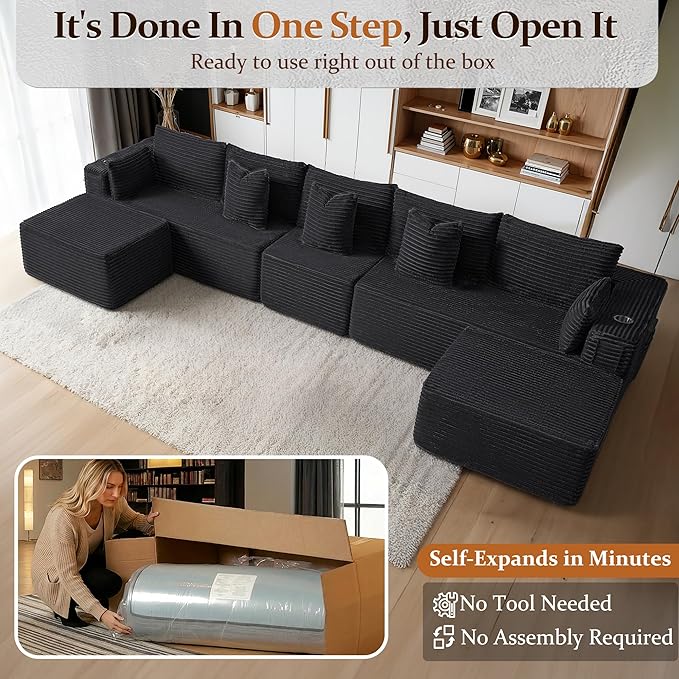 168" Cloud Sectional Couch, Comfort U Shaped Sofa for Living Room, Extra Deep Seats No Assembly, Minimalist Modular Couch, Corduroy (Black, 7 Seats,U-Shape A)