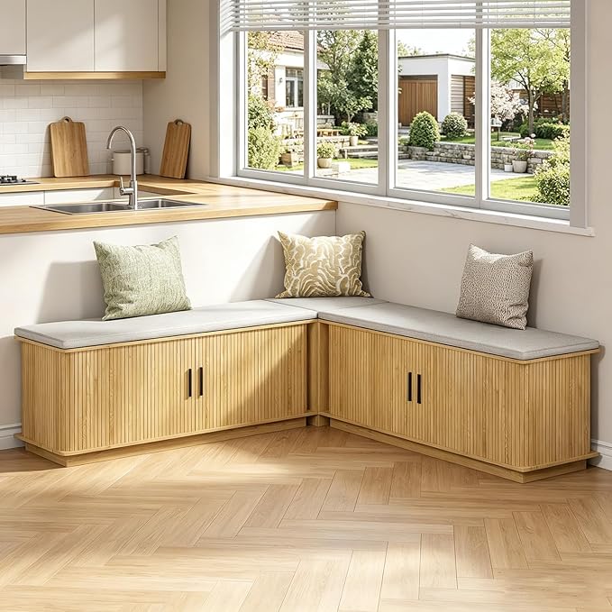 L-Shape Storage Bench with Cushion, Wood Corner Dining Bench, Kitchen Breakfast Nook Bench with Hidden Storage for Dining Room, Kitchen, Entryway, Cloakroom