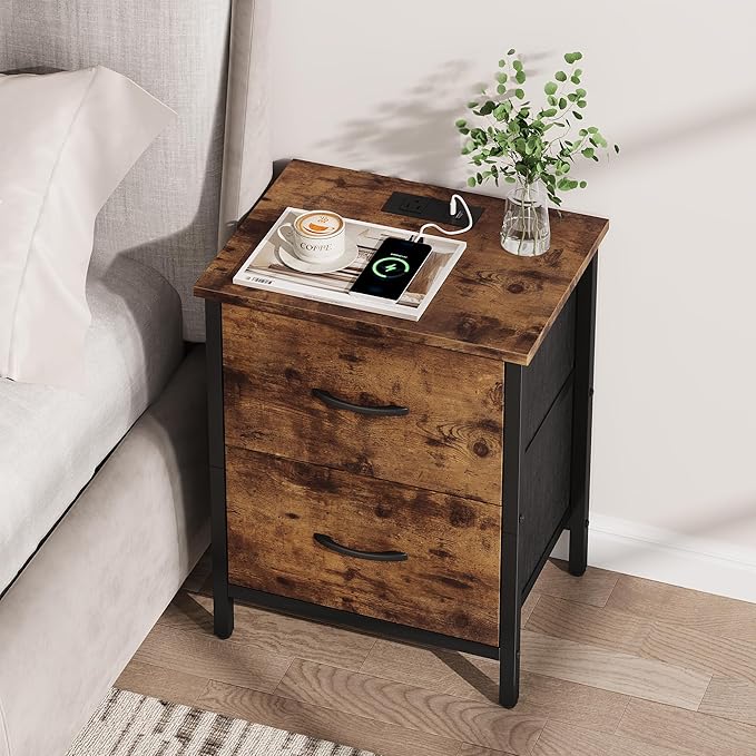 Vagusicc Nightstand with Charging Station, Bedside Table with USB Ports and Outlet, End Table Side Table with 2 Fabric Drawers for Bedroom, Living Room, Rustic Brown