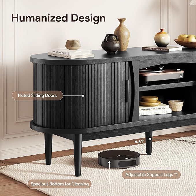 Decofy Mid Century TV Stand for TVs up to 65 Inches, Entertainment Center with Storage, Power Outlet, Fluted Sliding Doors & Adjustable Shelves, Modern Media TV Console Table for Living Room (Black)
