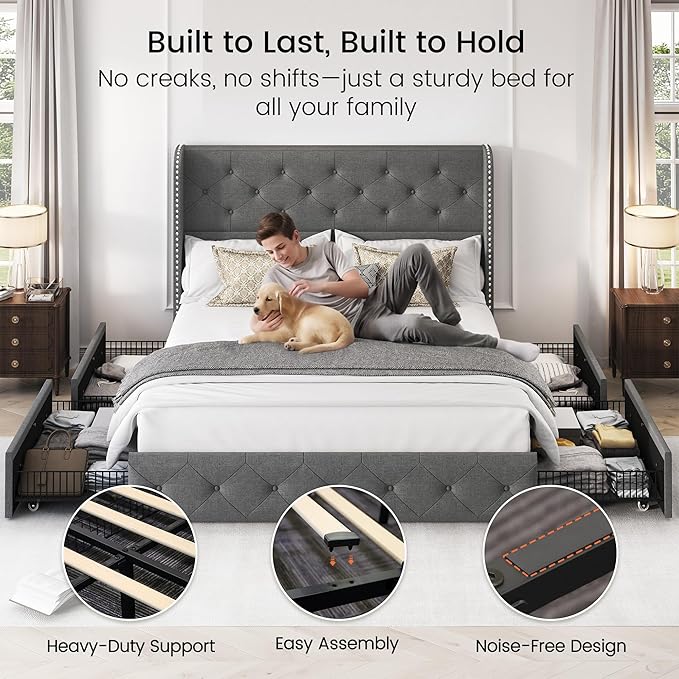LARMACE Full Size Bed Frame with 4 Storage Drawers and 47.2" Tall Wingback Headboard Linen Upholstered Platform Bed Frame Tufted Beds with Wooden Slats Support, Easy Assembly, Light Grey