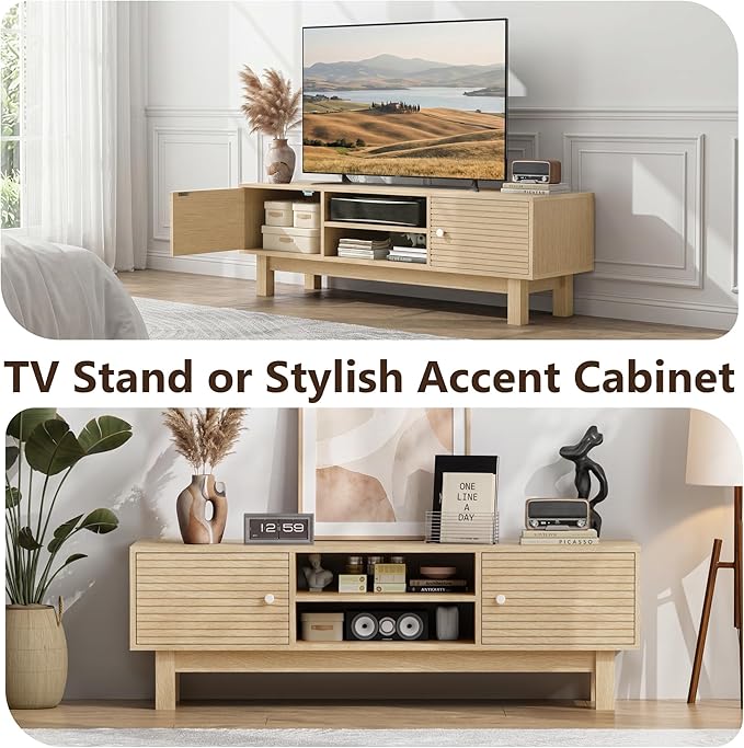 YOSHOOT Mid Century TV Stand for 55 inch TVs, Modern Entertainment Center with Storage Cabinets, Solid Wood Media Console with Open Shelves for Living Room & Bedroom, Natural