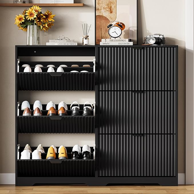 HUANLEGO Shoe Cabinet Storage for Entryway with 6 Flip Drawers, Black Fluted Shoe Cabinet with Adjustable Shelves, Wooden Hidden Shoe Rack Freestanding Narrow Slim Shoes Storage for Hallway, Entrance