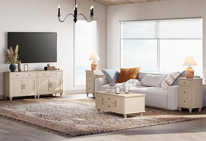WAMPAT Buffet Cabinet with 4 Doors and 2 Drawers, Large Coffee Bar Table Wood Kitchen Storage Cabinets with Storage Cabinets, Modern Farmhouse Sideboard Credenza for Dining Room, Beige, 68 inch