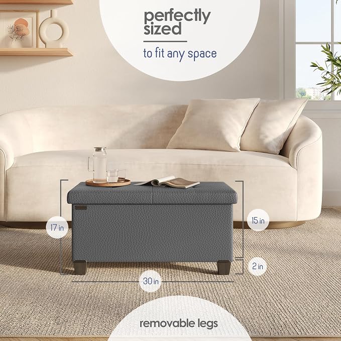 Storage Ottoman Bench with Bins, 30-in Storage Bench for Bedroom End of Bed, Folding Foot Rest Ottoman for Living Room Max 660lbs, Faux Leather Ottomans, Grey