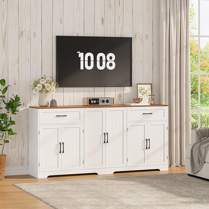 Whalefall 71" Farmhouse Sideboard Buffet Cabinet with Storage, Large Coffee Bar with 2 Drawers & 6 Doors, Kitchen Storage Credenza with Adjustable Shelves for Dining Room, White