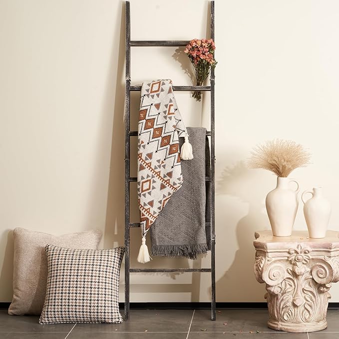 Blanket Ladder for The Living Room 6-Tier, Wooden Decorative Quilt Holder for Bed Room, Wall-Leaning Wood Towel Rack for Bathroom，Rustic Farmhouse Ladders for Display.(Black Wash)