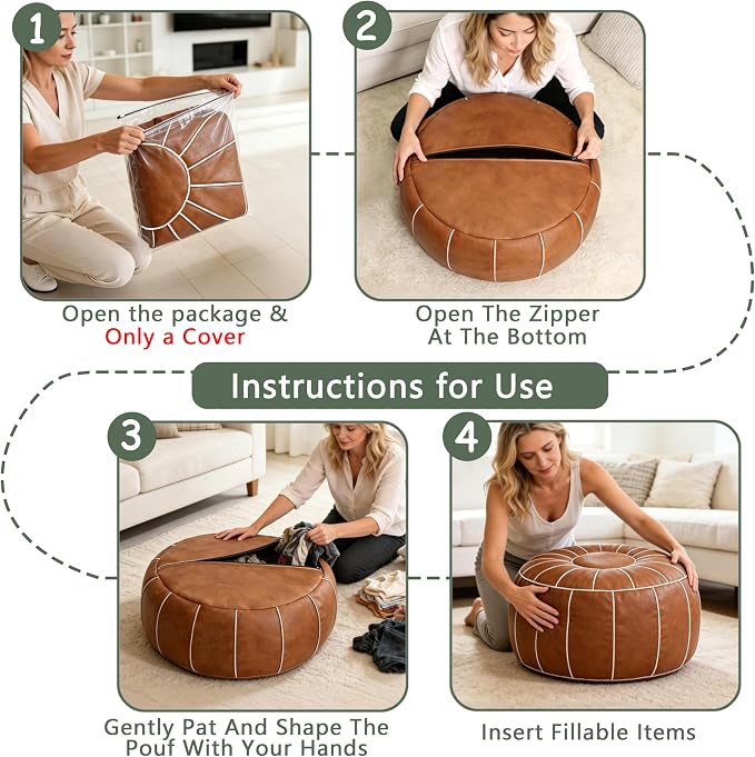 Thgonwid Unstuffed Moroccan Storage Pouf Foot Stool Ottoman Seat, No Filler Included, Handmade Faux Leather Bean Bag Floor Chair Foot Rest for Living Room, Bedroom or Balcony, Brown