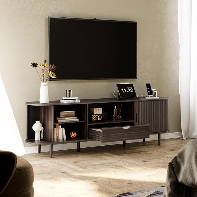 DHH 71" Fluted TV Stand with Power Outlet for TVs up to 80", TV Console with Adjustable Shelves and Sliding Door,Mid Century Modern Entertainment Center for Living Room,Bedroom (Dark Walnut, 71Inch)