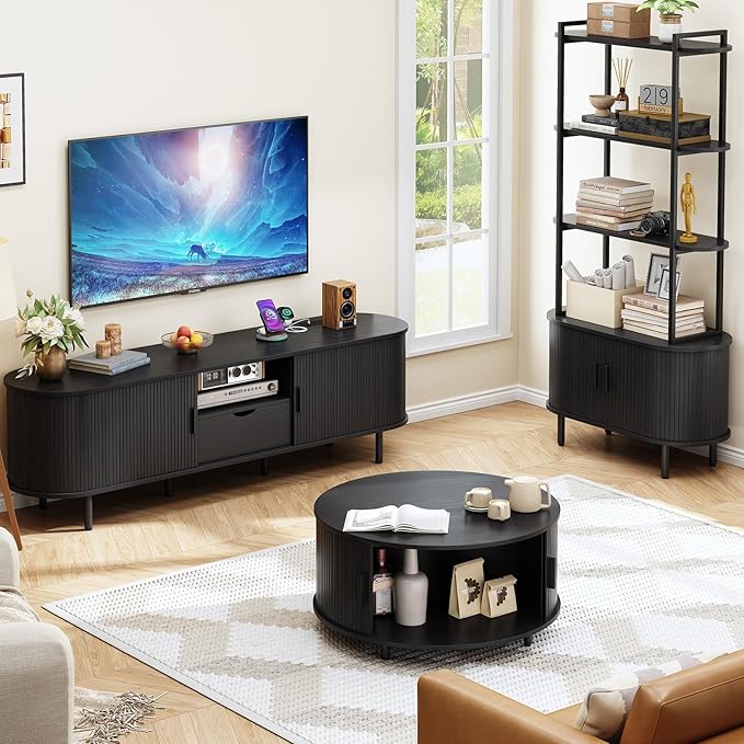 ONBRILL 69" TV Stand with Power Outlet for TVs up to 80", Entertainment Center with Storage and Drawer, TV Console with Adjustable Shelves and Sliding Door, TV Stand for Living Room, Bedroom, Black