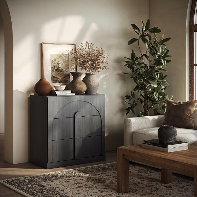 BELLEZE Sideboard Cabinet with 3 Drawers, Modern Wood Buffet Cabinet with Arc Design, Large Fluted Sideboard with Storage for Dining Room Living Room Entryway, Ebony