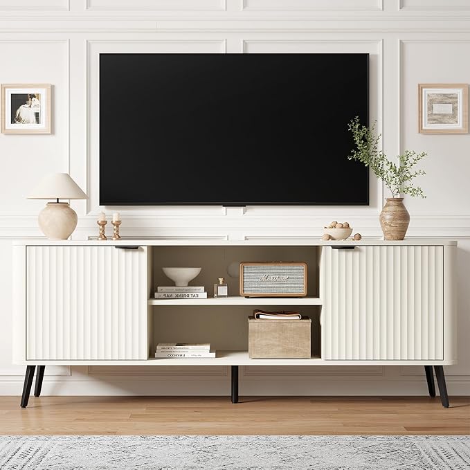 Fatmok TV Stand, 58" Modern Media TV Console Table with Storage for 55/60/65 inch TV, Mid Century Entertainment Center with Fluted Door Cabinets and Open Shelves TV Cabinet for Living Room, Bedroom