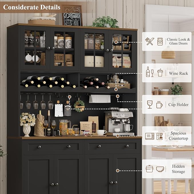 HOSTACK 75.4" Tall Kitchen Pantry Cabinet with Charging Station, Modern White Kitchen Hutch with Microwave Stand and Wine Rack, Large Food Pantry Storage Cabinet with Glass Doors and Drawers, Black