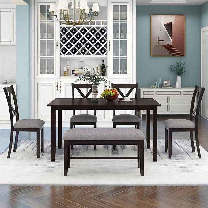 Harper & Bright Designs 6 Piece Kitchen Dining Table Set Wooden Rectangular Dining Table Set for 6, 4 Fabric Chairs and Bench Family Furniture (Espresso)