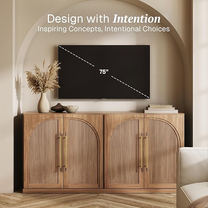 BELLEZE 65 Inch Sideboard Cabinet with Double-Arc Wood Doors, Large Buffet Cabinet with Storage and Adjustable Shelves, Classic Modern Console Table for Dining Room Living Room Entryway (Camel)