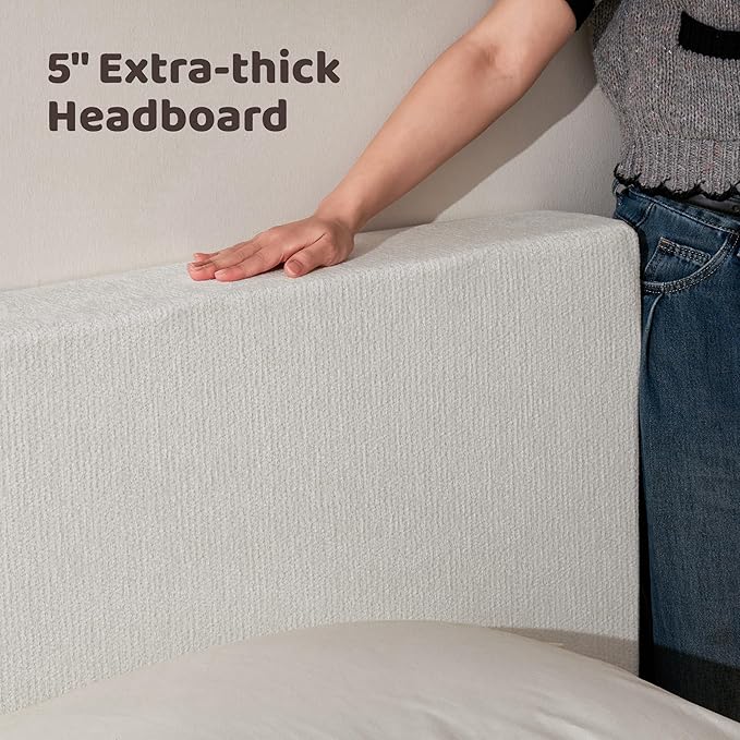 RECCI AirFrame King Size Bed Frame with Headboard, Cloud Upholstered Platform Bed Frame, 5 Inch Foam Cushioned, No Box Spring, Easy Assembly(Snow White)