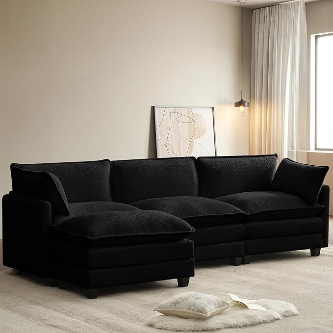 ROWHY 112'' Modular Sectional Cloud Couch with Movable Ottoman, 4 Seat Modern Chenille Sofa with 2 Throw Pillows, Deep Seat L Shaped Couch for Living Room Bedroom Apartment, Black | Arrange Freedom