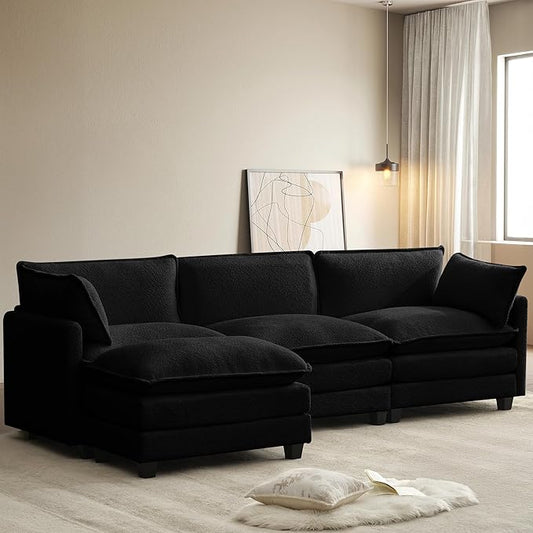 ROWHY 112'' Modular Sectional Cloud Couch with Movable Ottoman, 4 Seat Modern Chenille Sofa with 2 Throw Pillows, Deep Seat L Shaped Couch for Living Room Bedroom Apartment, Black | Arrange Freedom