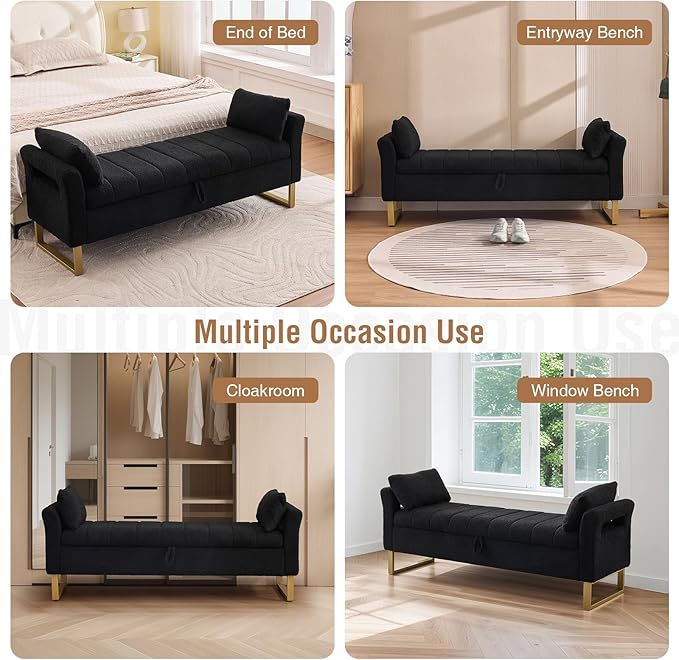 66'' Storage Bench for Bedroom End of Bed King Size, Long Bedroom Benches for Foot of Bed with Gold Legs, Comfy Bed Bench with Storage, Pillows for Entryway, Windows, Black Teddy