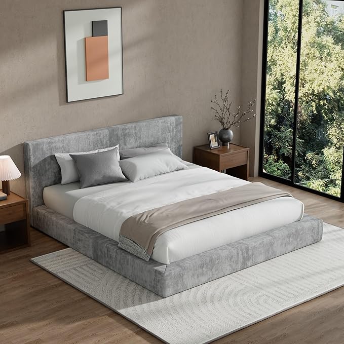 RECCI AirFrame King Size Bed Frame with Headboard, Cloud Upholstered Platform Bed Frame, 5 Inch Foam Cushioned, No Box Spring, Easy Assembly(Moon Grey)