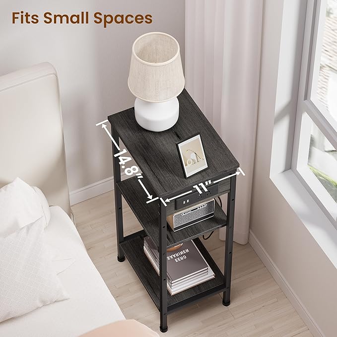 Asgolion Tall End Table with Charging Station, 3 Tier Narrow Beside Table with Adjustable Shelf, Tall Gray Side Table Nightstand for Bedroom, Living Room Coffe Table, Office, Charcoal Grey